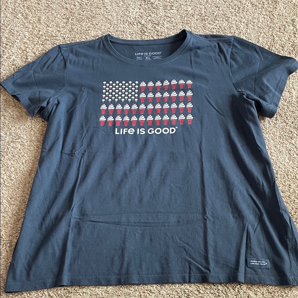 Life Is Good Navy Graphic Tee with Red & White Cone Flag